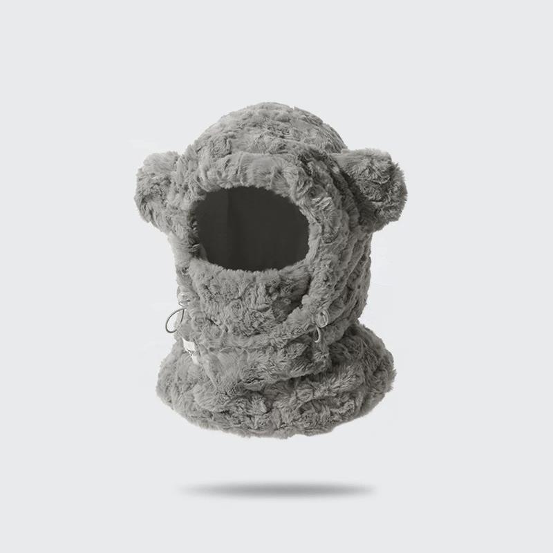 

Winter Warm Double-Layer Thick Anti Cold Teddy Bear Plush Scarf One-Piece Hat For Women, Cute Ear Protection Lei Feng Hat сірий