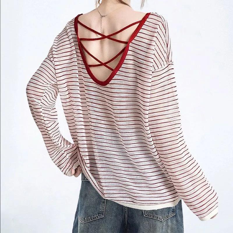 Large Size Red Backless Striped Long-sleeved Sun Protection Cover-up T-shirt Women's Summer New Dopamine Back Hollow Top