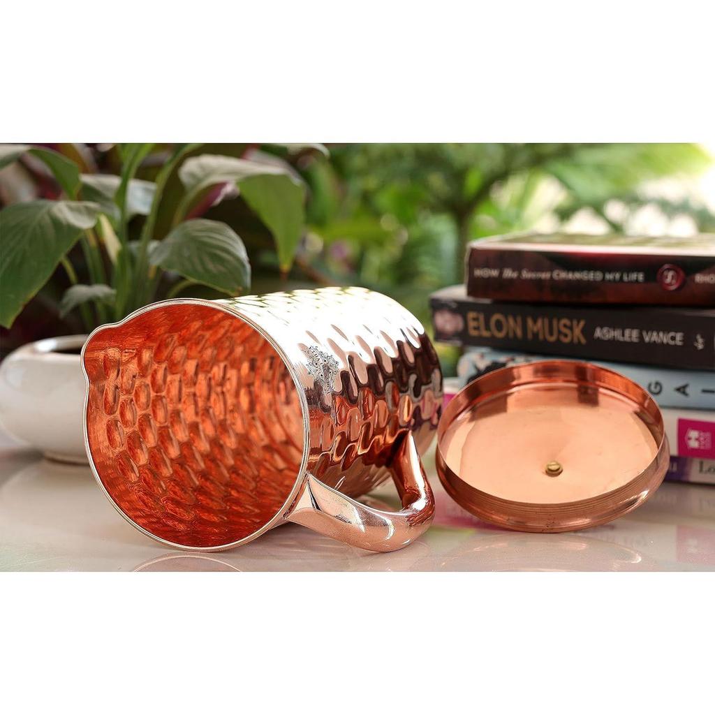 Diamond Design Copper Jug Pitcher with Brass Knob, Storage & Serving Water, Yoga Ayurveda Healing, Volume- 2000 ML