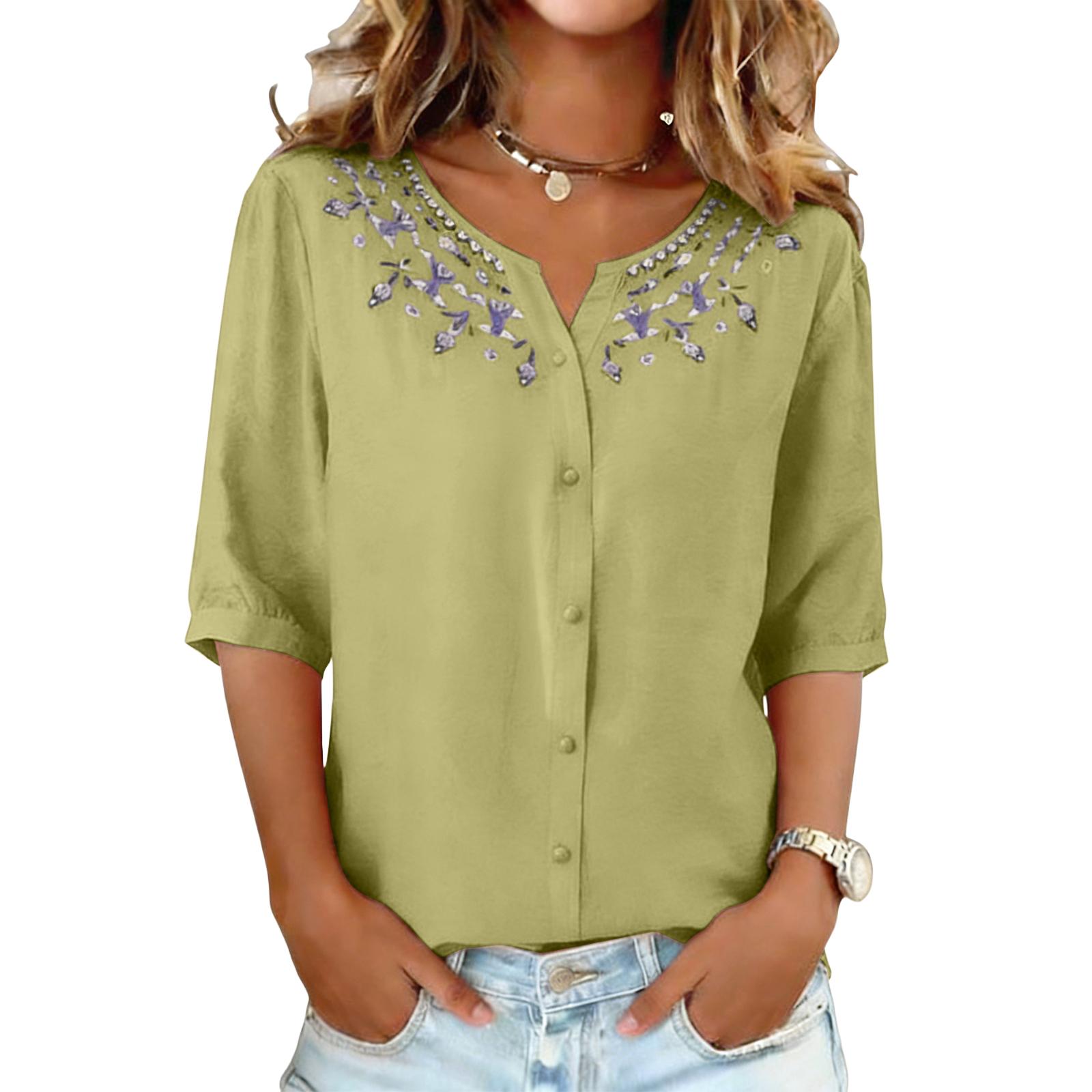 

Women s Color Casual Loose V-neck Long Sleeved Split Cotton And Linen Top L зелений