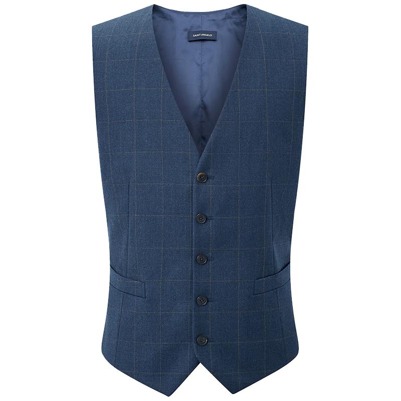 Мужской синий клетчатый шерстяной костюм-тройка приталенного кроя 50A