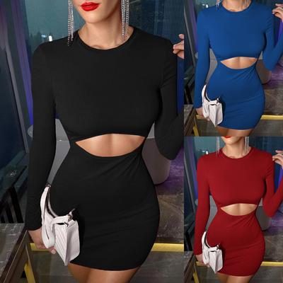Sexy Damen 2025 Temperament Pendler Rundhals Kopf Hohl Paket Hüfte Langarmkleid Elegante und schöne Damenkleider
