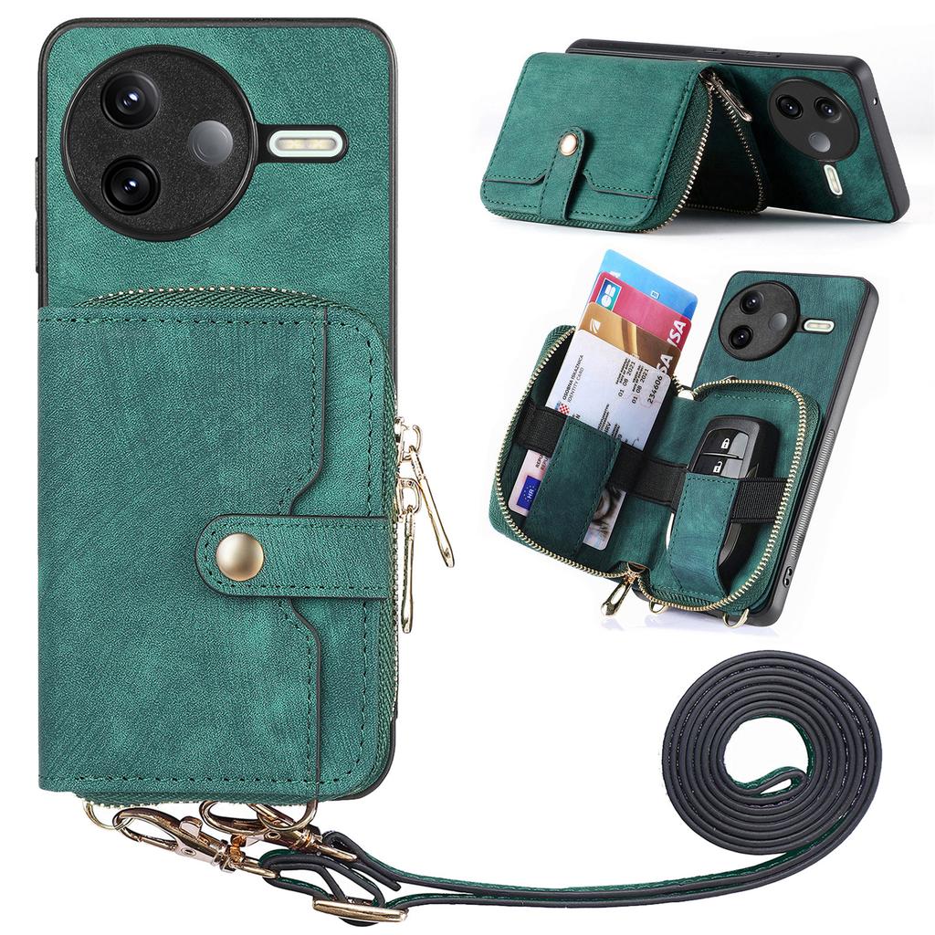 For Xiaomi Poco F7 Pro 5G/Xiaomi Redmi K80 5G PU Leather Phone Back Cover with Zipper Card Holder and Long Strap