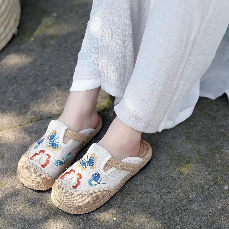 Fashion 2025 Women Casual Linen Handmade Embroidery Mules Flat Slippers Retro Vegan Summer Ladies Canvas Comfortable Espadrille Shoes