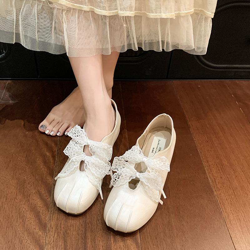 Fashion Flat Ballet Lace Single Shoes Women's Autumn New Outside Wear Square Toe Shallow Mouth Butterfly with Skirt Mary Jane Shoes