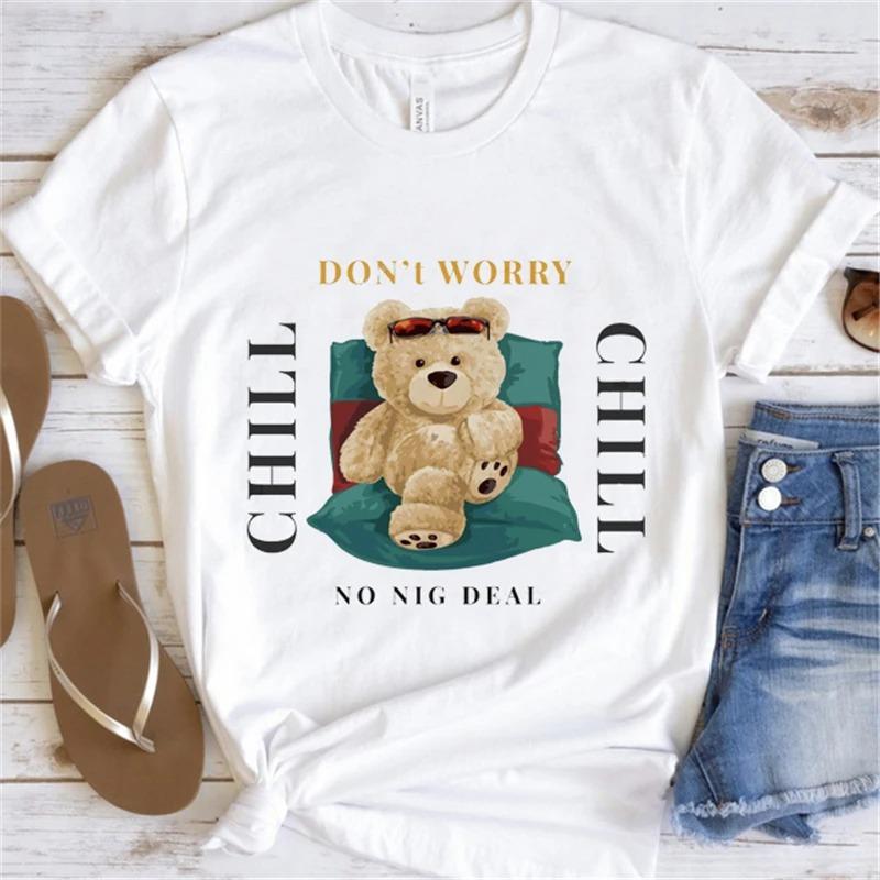 Cute Little Bear Print TShirt Summer Trend White Short Sleeve Neck Casual Sports Aesthetic Clothes Womens Graphic T Shirts