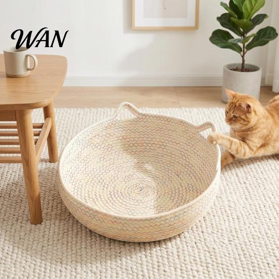 Panier Nid de Couchage pour Chat Corde de Coton Animal de Compagnie avec Design d'Oreilles Tissé à la Main pour Chats Chiots Lapins Petits Animaux Coussin