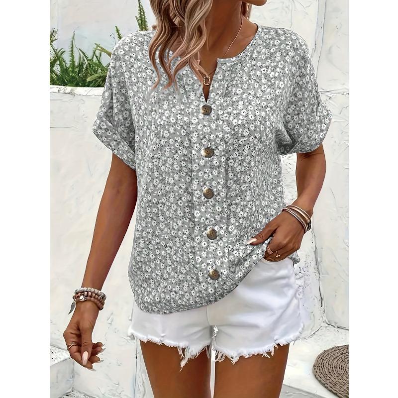 Summer Printed Women's T-shirt Elegant Floral Buttons Short Sleeve Loose Casual T-shirts Women Fashion Vintage Office Ladies Pullover Tee Tops New