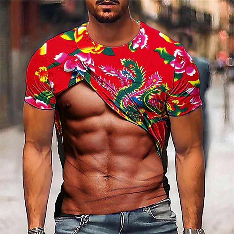 Pánské 3D tištěné tričko s krátkým rukávem s falešnými svaly, 3D tričko s břišními svaly, ležérní pulovr s krátkým rukávem