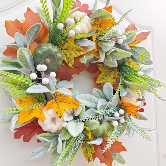Simulated Wreath Autumn Maple Leaf Pumpkin Pine Cone Berry Wreath Realistic Simulated Fall Harvest Thanksgiving Door Decor
