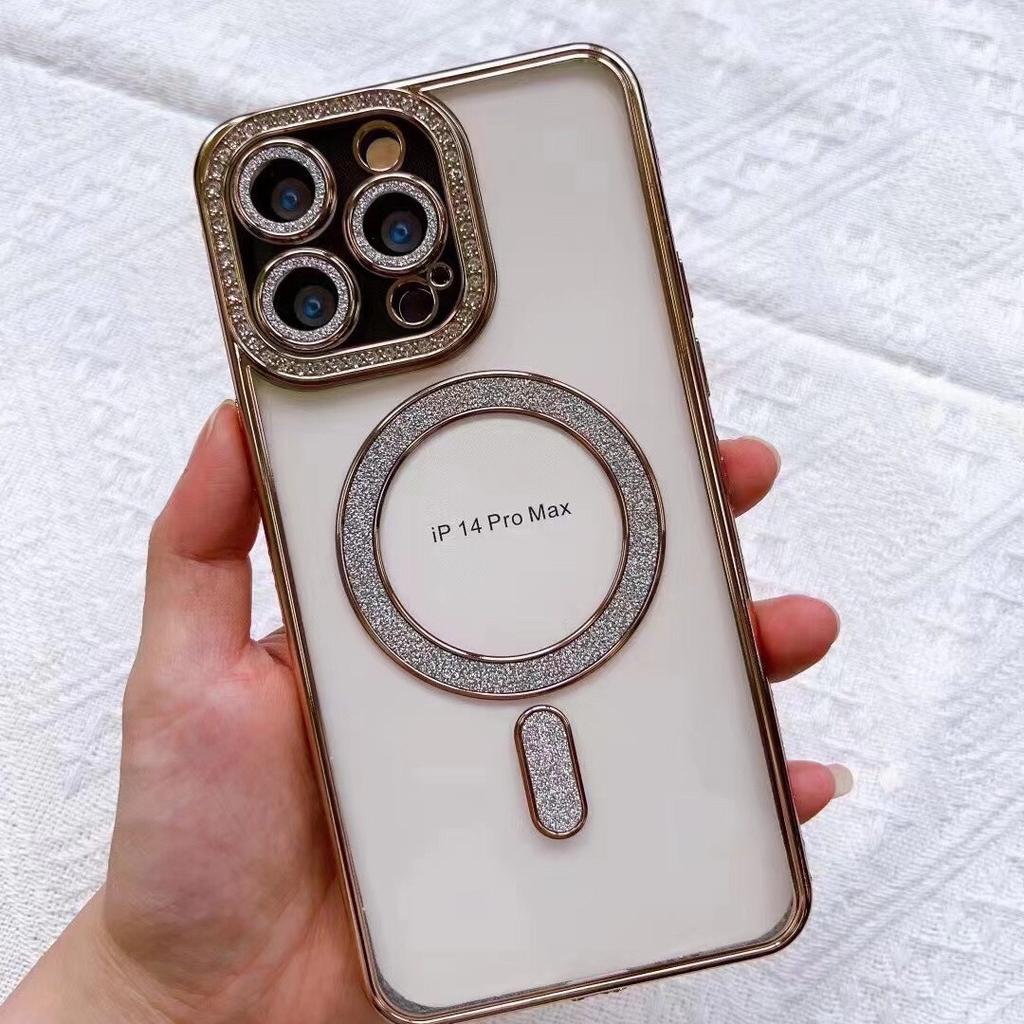 Anwendbar auf Apple IPhone 15 Seite Diamant Magnetische Saug Handyhülle Gold Integrierter Glitzer Versiegeltes Kamera Diamant Etui