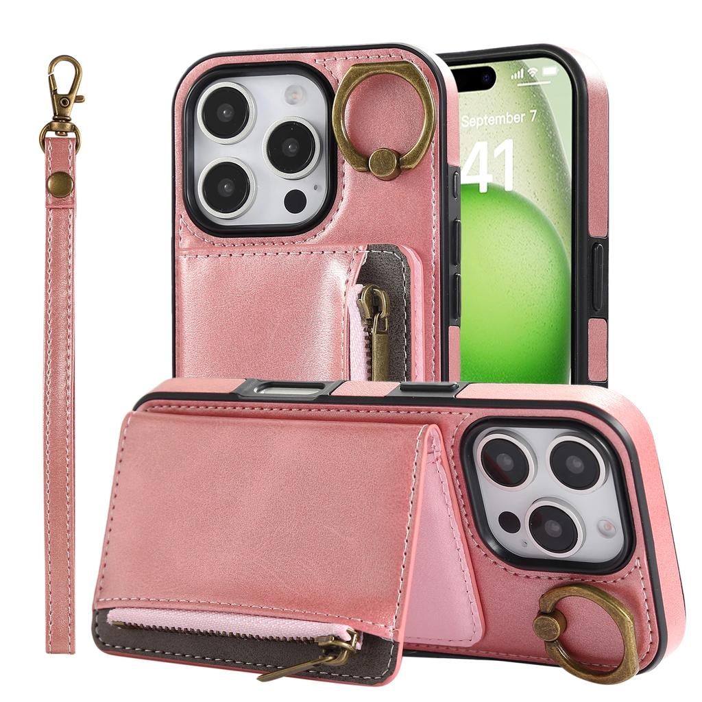 Luxury Leather Card Bag Slot Phone Case for IPhone 16 15 14 16E 13 12 17 Pro Max Plus Cases Stand Sleeve Cover with Wrist Band