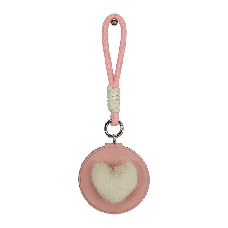Heart Shape Pom Pom Mirror PU Leather 85mm Round Folding Double-Sided Portable Compact