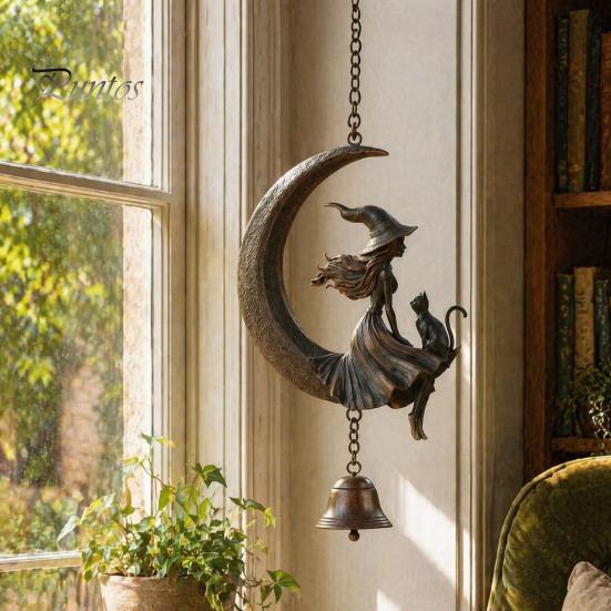 Ornamenti da Giardino a Forma di Luna Crescente Campanella a Vento da Strega, Gotico con Gatto Nero Campanella da Appendere, Decorazione Spirituale per Donne Portico Patio Balcone Mistico