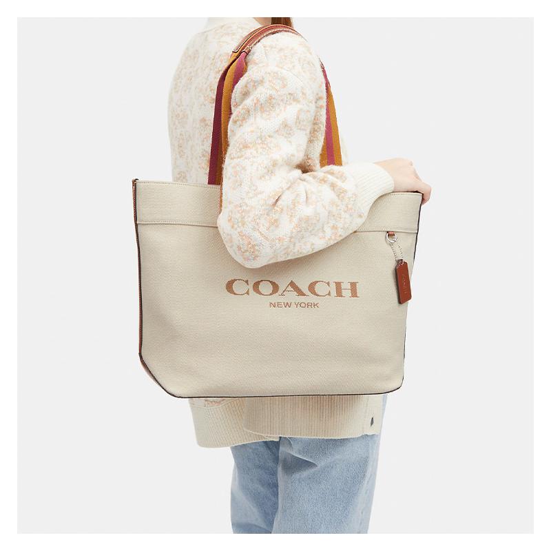Coach Letter Logo Canvas and Leather Tote Bag Shopping Bag Shoulder Handbag Large Women's White
