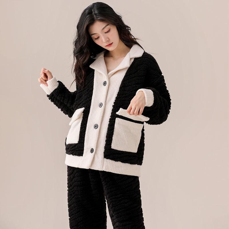 Coral Fleece Pajamas Women'S Autumn And Winter Fleece Thickened Warm Suit Winter Flannel Casual Can Be Worn Outside Loungewear