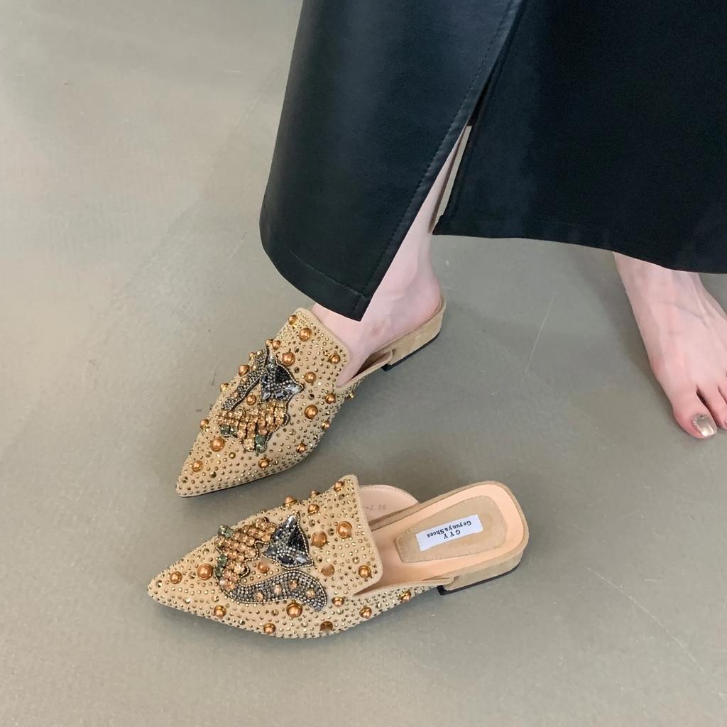 Summer Suede Rivets Rhinestone Fox Ladies Slippers Women Luxury Designer Shoes Comfortable Slippers Sandals Mules
