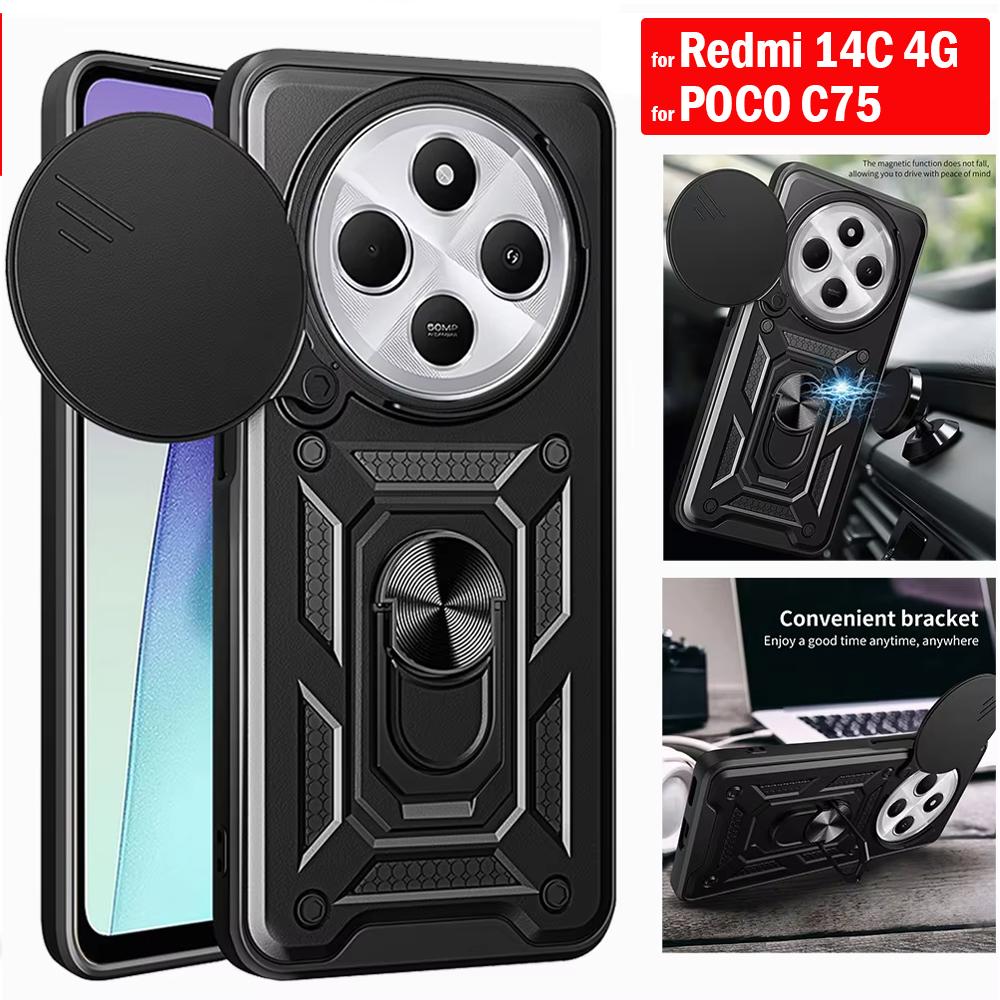 Armor Funda for Xiaomi 14 Ultra 15 Ultra Redmi A4 14C POCO C75 Case Slide Camera Ring Stand Holder Protection Cover Capa