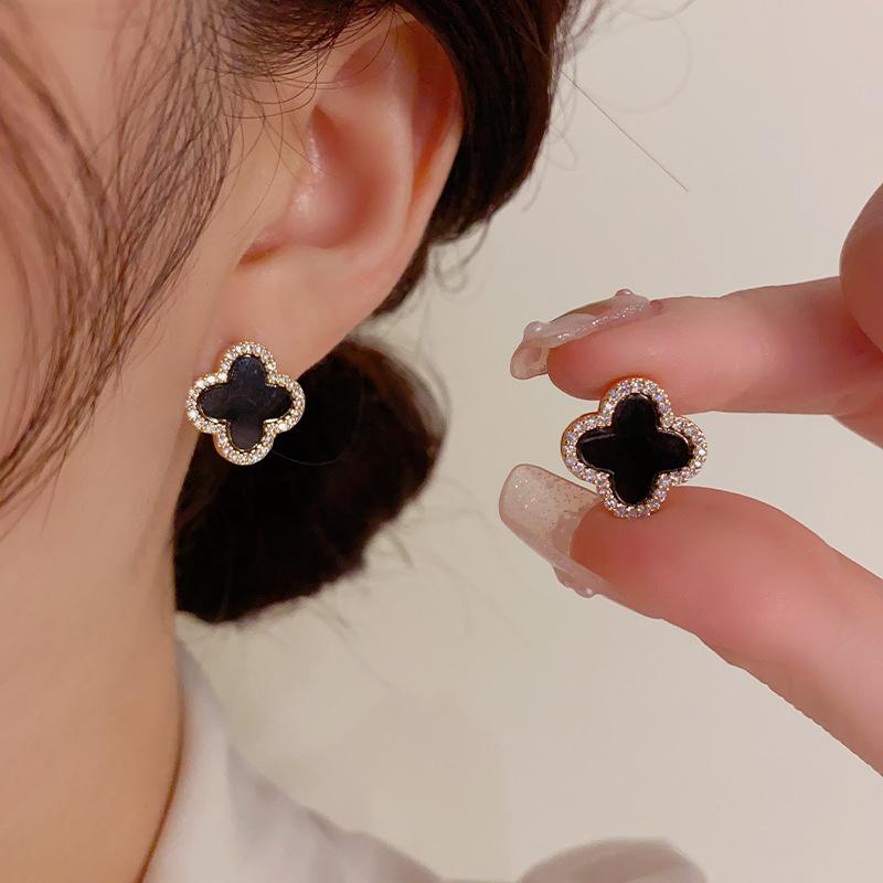 Fashionable and Versatile Small and Simple Micro-inlaid Four-leaf Flower Earrings Light Luxury High-end Earrings