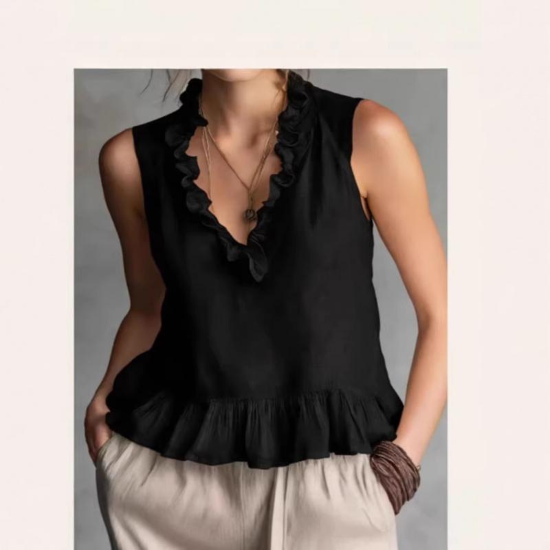 2026New Spring and Summer Sleeveless Ruffle Hem Women's Blouse