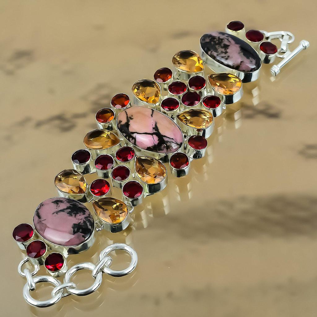 Wedding Gift For Her 925 Silver Natural Rhodonite Chain Adjustable Bracelet