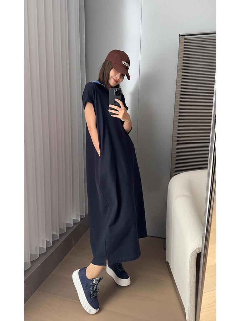 Meiyang Chubby Cotton Pique Knit Color Block Polo Neck Long Dress