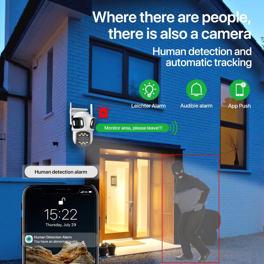 Üç Lens Üç Ekran Wifi PTZ Kamera 6K 4K HD Dış Mekan IP Kamera Otomatik Takip Video Gözetim CCTV Kamera P2P ICSEE