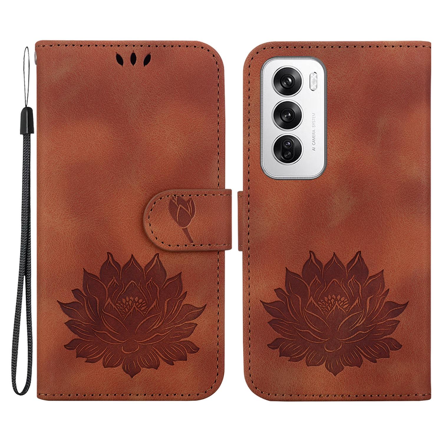 

For Oppo Reno12 5G (Global) Wallet Case Lotus Imprint Leather Stand Phone Cover Brown
