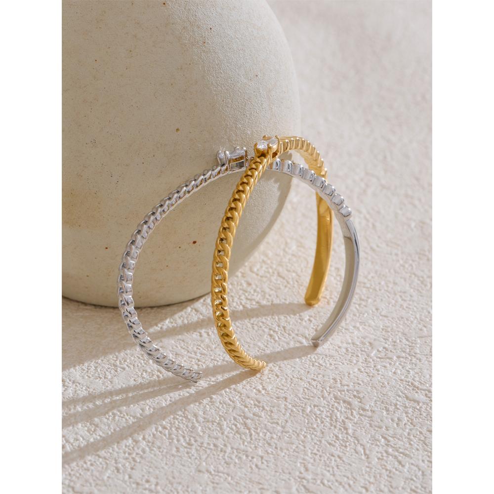 Yhpup Trendy Stainless Steel Zircon Chain Cuff Open Bracelet Bangle Waterproof Fashion Wrist Jewelry Accessories