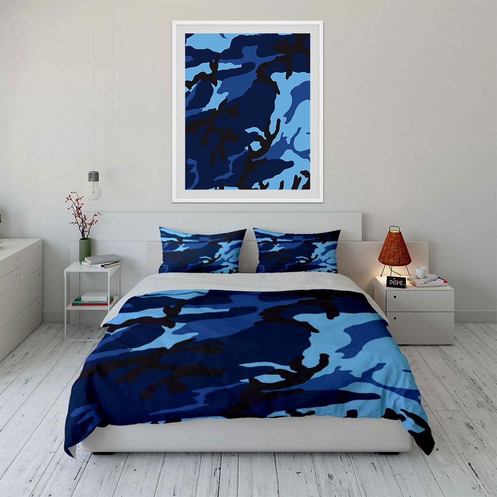 Blue Camouflage Three-Piece Set Bedding Set with 1 Duvet Cover 2 Pillowcases Single Double King Queen, Gift