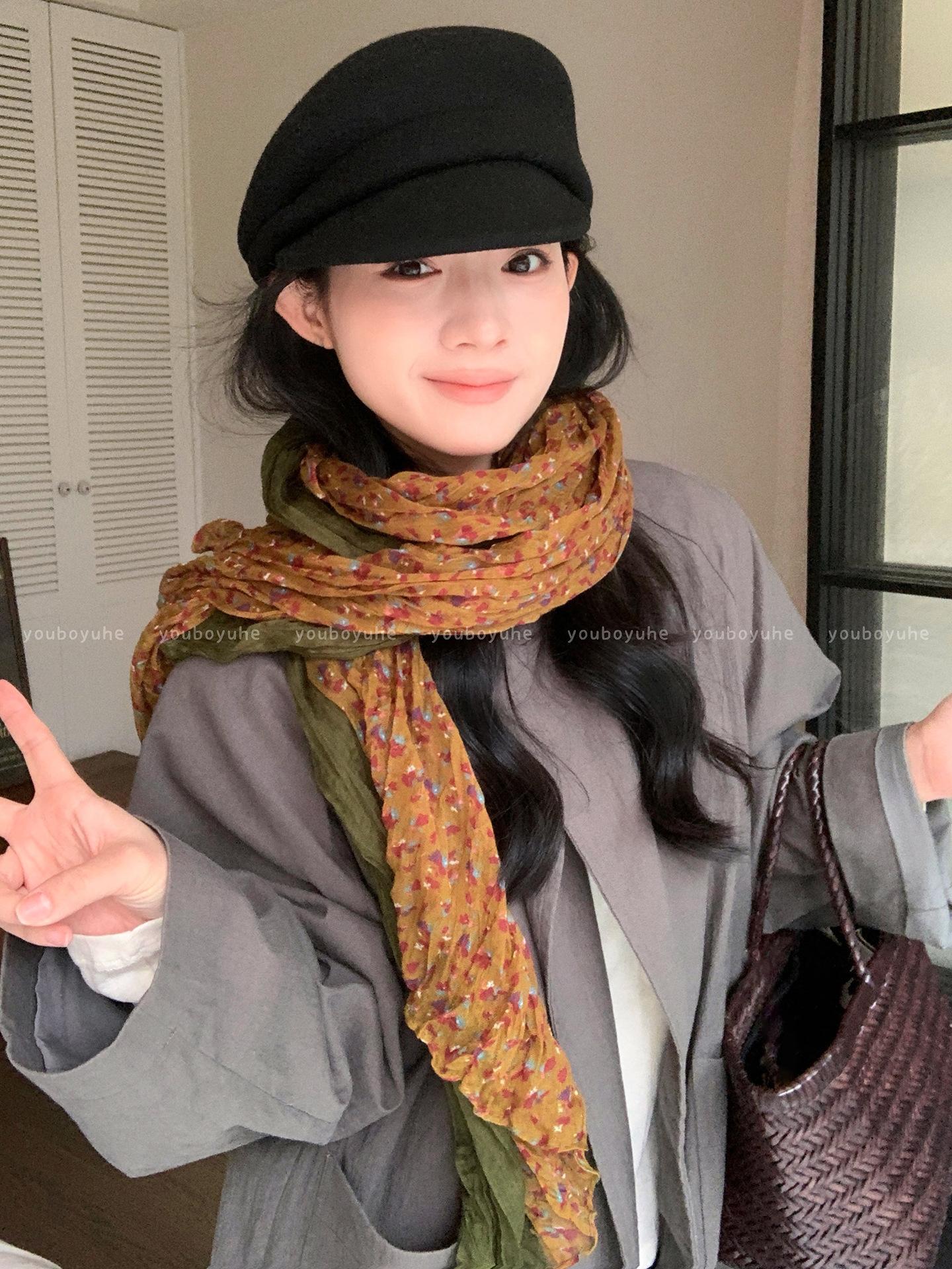 Retro Floral Print Long Cotton-Linen Scarf for Women