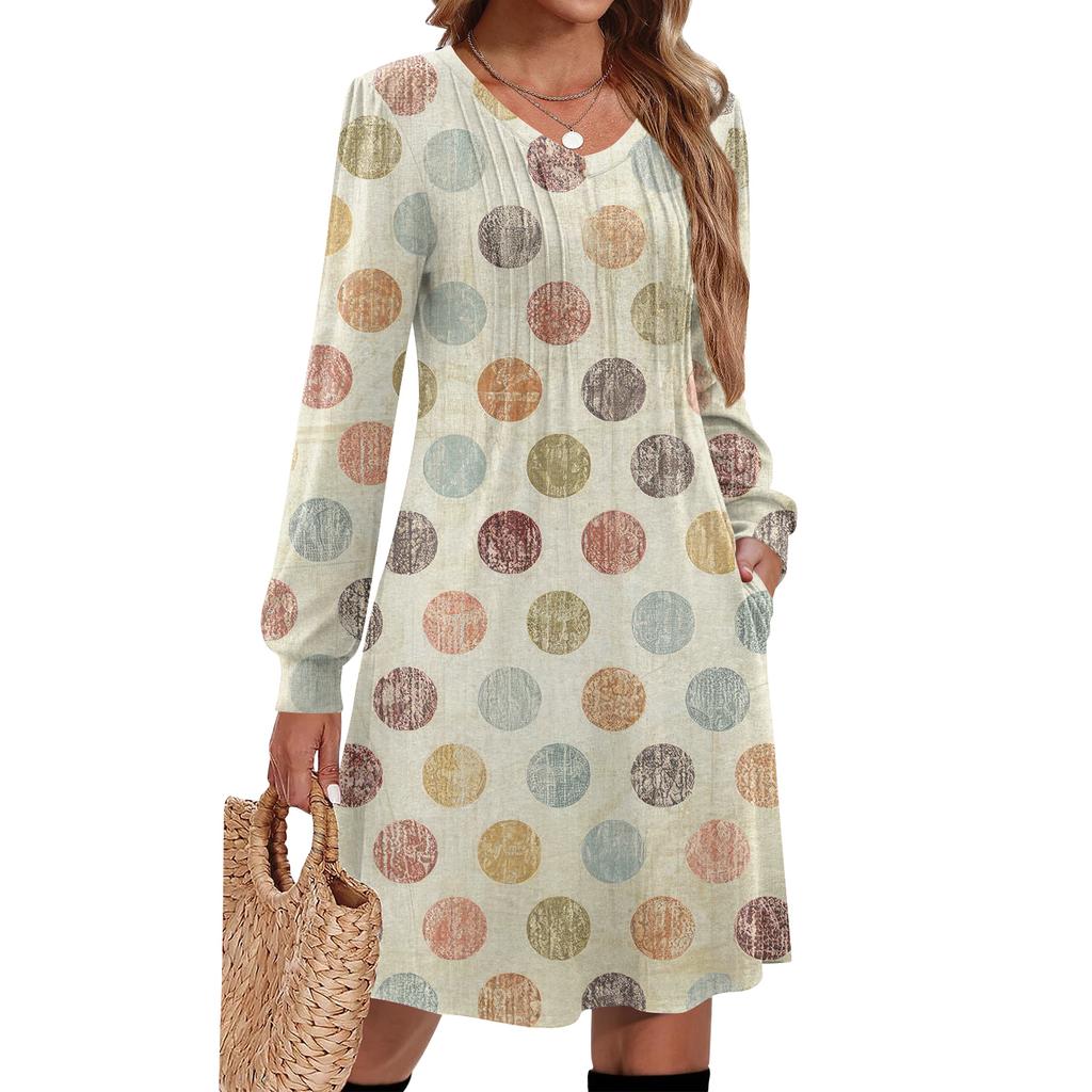 Ladies' Printed Casual And Fashionable V-neck Long Sleeved Mid Length Dress