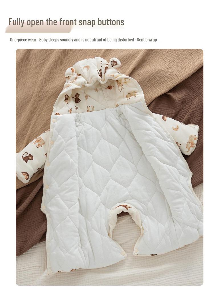 Newborn Winter Jumpsuit with Jacket, Hand & Foot Covers (0-6 Months) - Warm, Thickened Baby Outfit for Outdoor Use