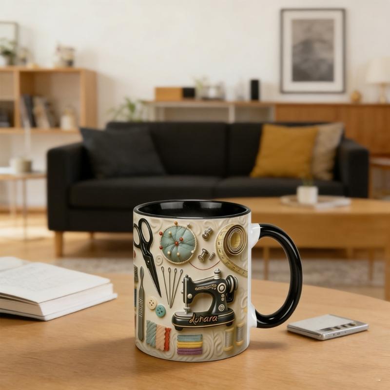 High Quality Ceramic Sewing Theme Coffee Cup Durable And Safe Ceramic Drinkware Cup For Daily Use 11oz Generous Size.