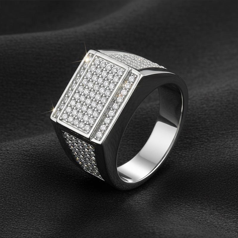 European & American Trendy Men s S925 Sterling Silver Moissanite Ring - Hip Hop Style Size 9