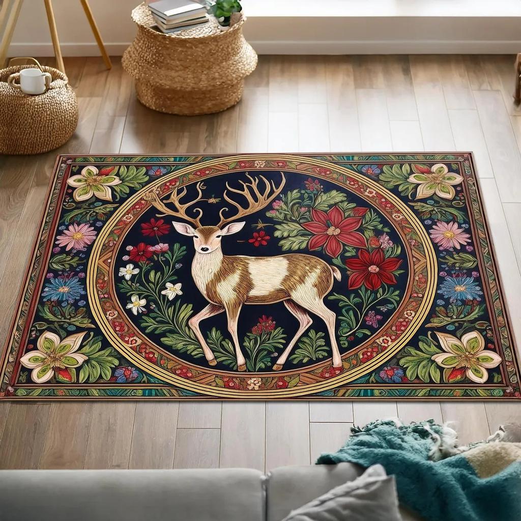Christmas & Floral Carpet Mat Rug Santa Deer Design with Gift Boxes & Poinsettia Non-slip Home Decoration Welcome Mat Home Rugs