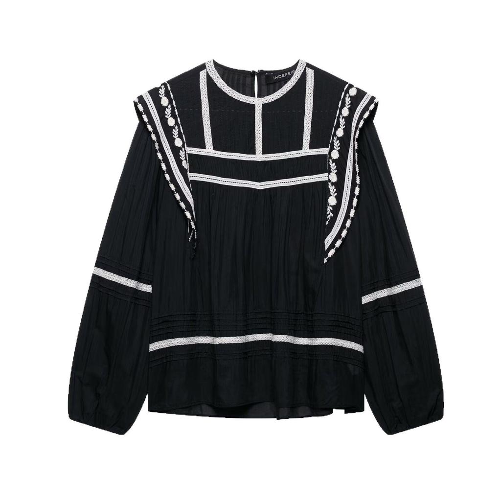Spring 2025 European & American Women's Patchwork Embroidery Fashion Loose Top