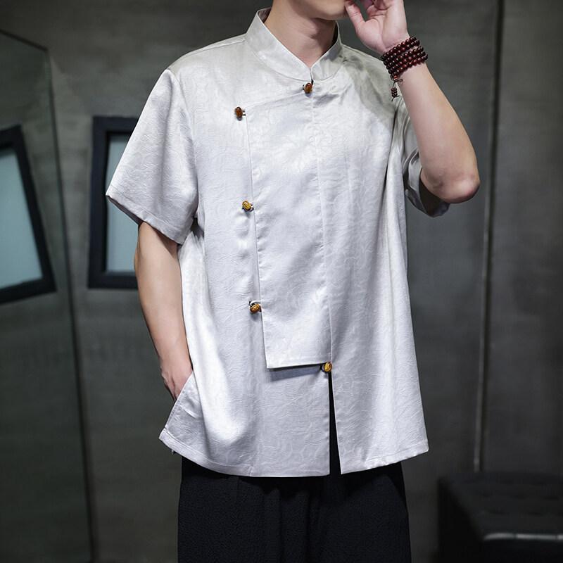 2025 Men Chinese Style Shirts Men Cross Collar Design Solid Simple Shirts Casual Streetwear Male Short Sleeved Blouse