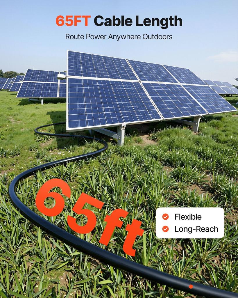 Solar Panel Extension Cable, 19.81M Black + 19.81M Red, 10 AWG (6 mm²), Solar Panel Wire with Female and Male Connectors, IP67 Waterproof PV Tinned