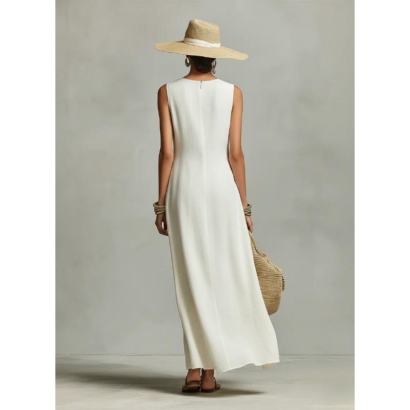 Abito Maxi Estivo da Donna Senza Maniche Girocollo in Misto Lino, Orlo Asimmetrico Irregolare, Vestito Lungo Lento Fluido Monocromatico, Abito da Sole Minimalista Casual per le Vacanze