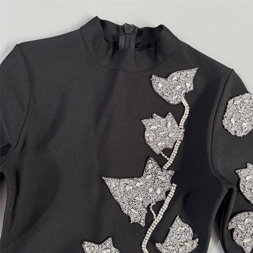 European-Style Rhinestone Beaded Slim Fit Evening Gown with Long Sleeves