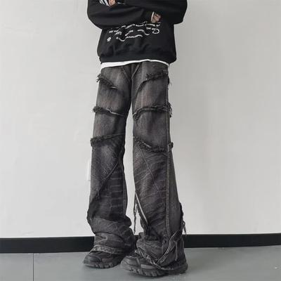 Men's 2024 Autumn High-Waist Raw Edge Loose Straight Washed Jeans - American Retro Style