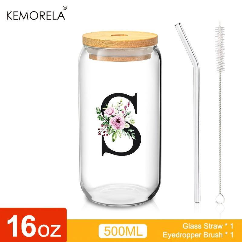 1 STÜCK 24 Buchstaben Glas Trinkbecher mit Bambusdeckel Strohhalm Individuelle Eiskaffeetasse 470ML Klares Mason Jar Bier Smoothie Cocktail