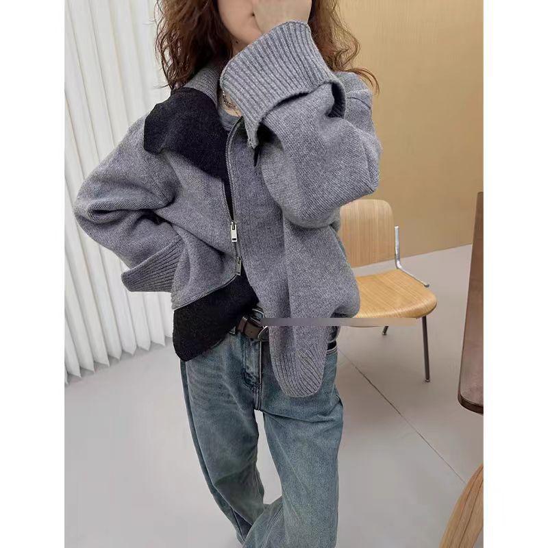 2024 Women's High Neck Asymmetrical Zipper Wool Cardigan - Cozy Loose Fit Sweater Jacket for Autumn/Winter, Korean Lazy Style