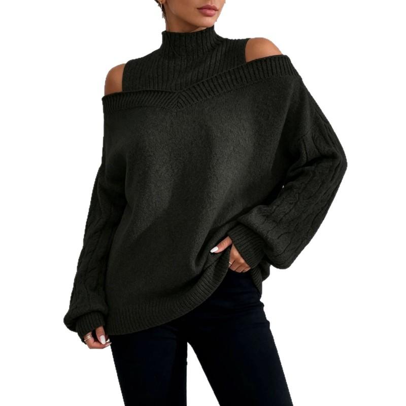 Womens Off-Shoulder Loose Knit Sweater Half Turtleneck Lantern Sleeve Fall Winter 2026