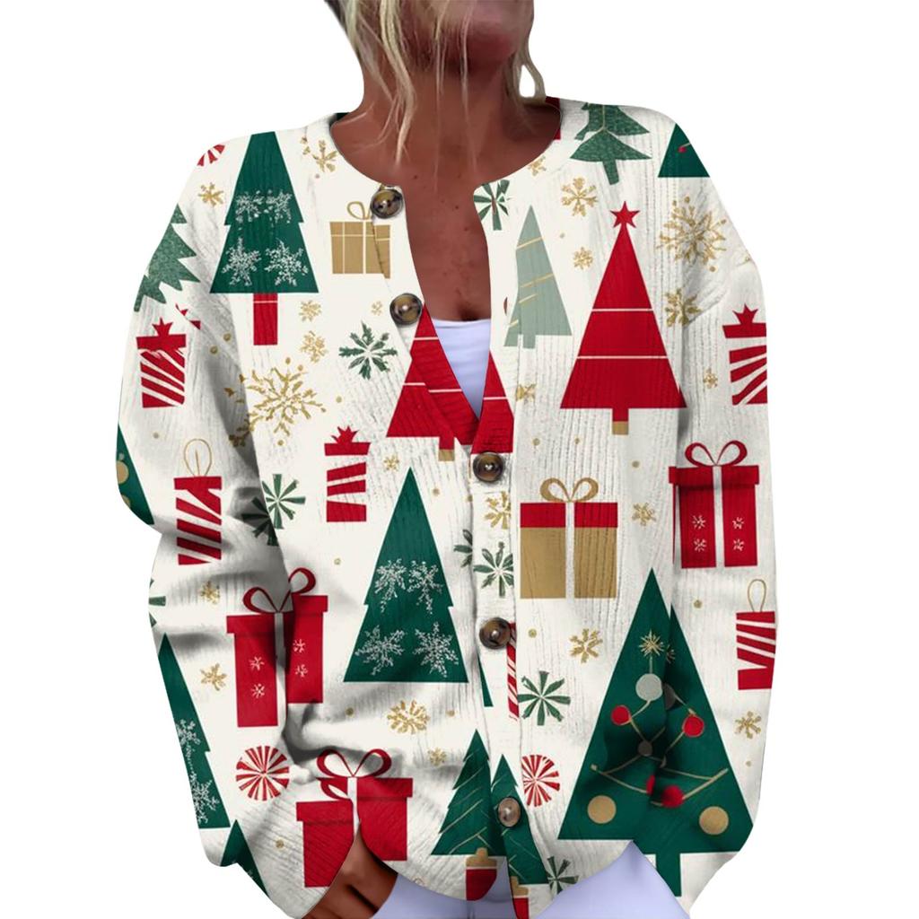 Women's Fashion Christmas Printed Long Sleeve Knitted Cardigan Button Down Jacket