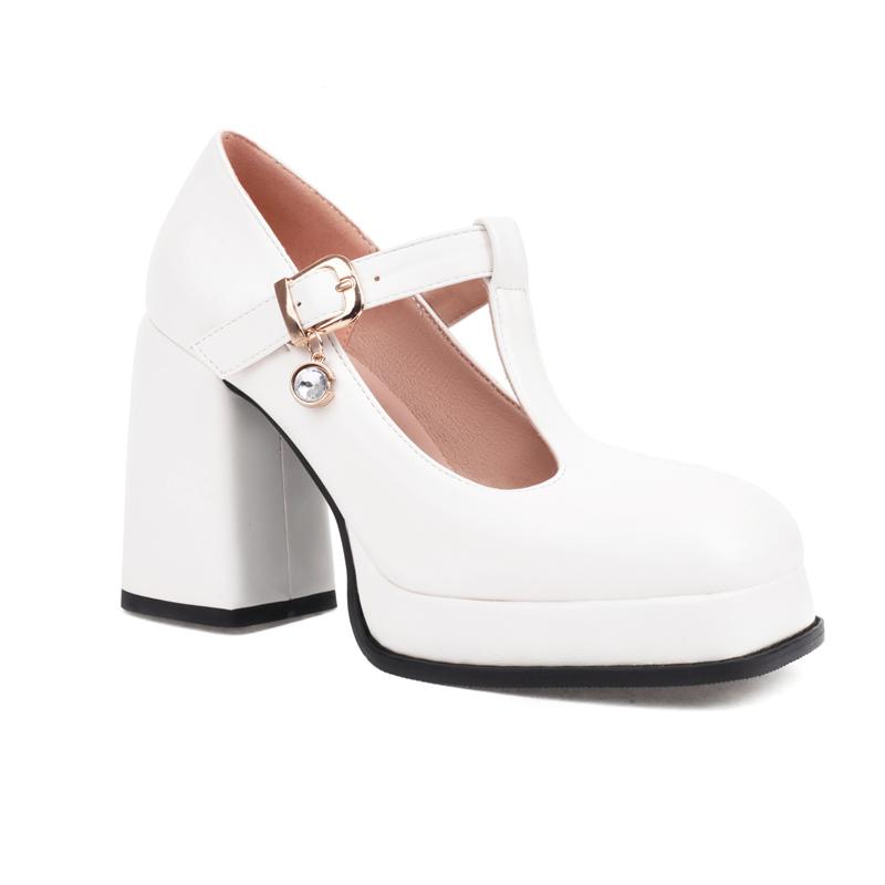 

Классические туфли на высоком блочном каблуке на платформе для девочек, черные, белые, женские туфли на каблуке, 2024, новые, с Т-образным ремешком, весенние туфли-лодочки, свадебная вечеринка, танцевальная обувь 39 белый