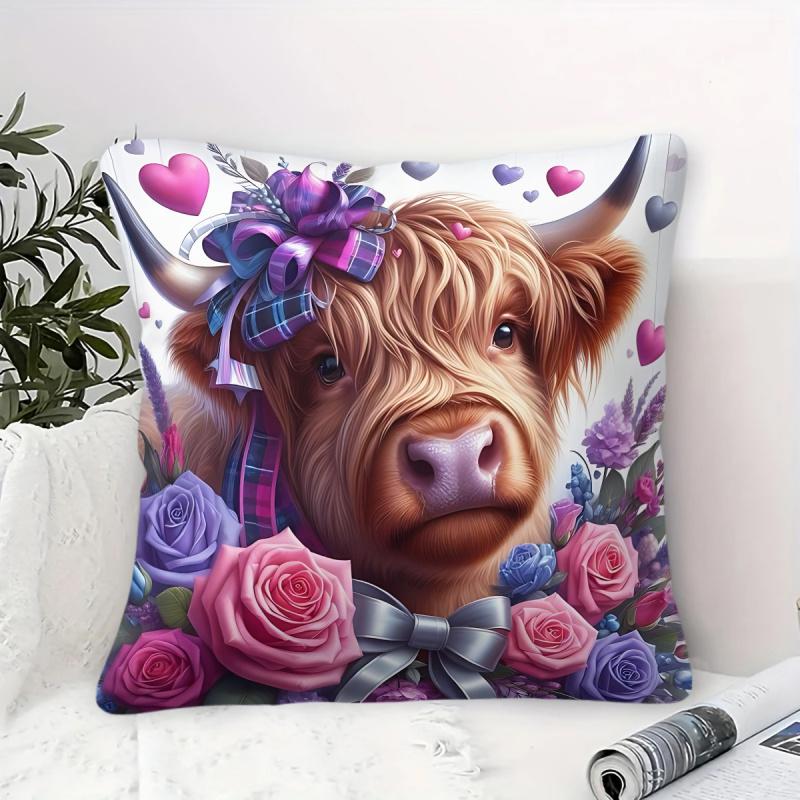 Vibrant Sunflower Highland Cow Pattern Pillow Case Short Plush Print Cushion Cover Square Throw Pillow Covers Sofa Home Decor