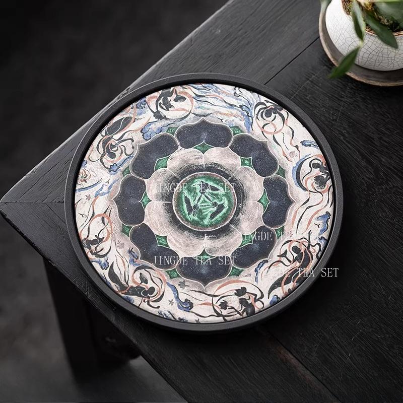 Dunhuang Mural Tea Tray Circular Chinese Style Dry Foam Trays Household Lotus Tea Tray Teaset Tray Tea Ceremony Accessories
