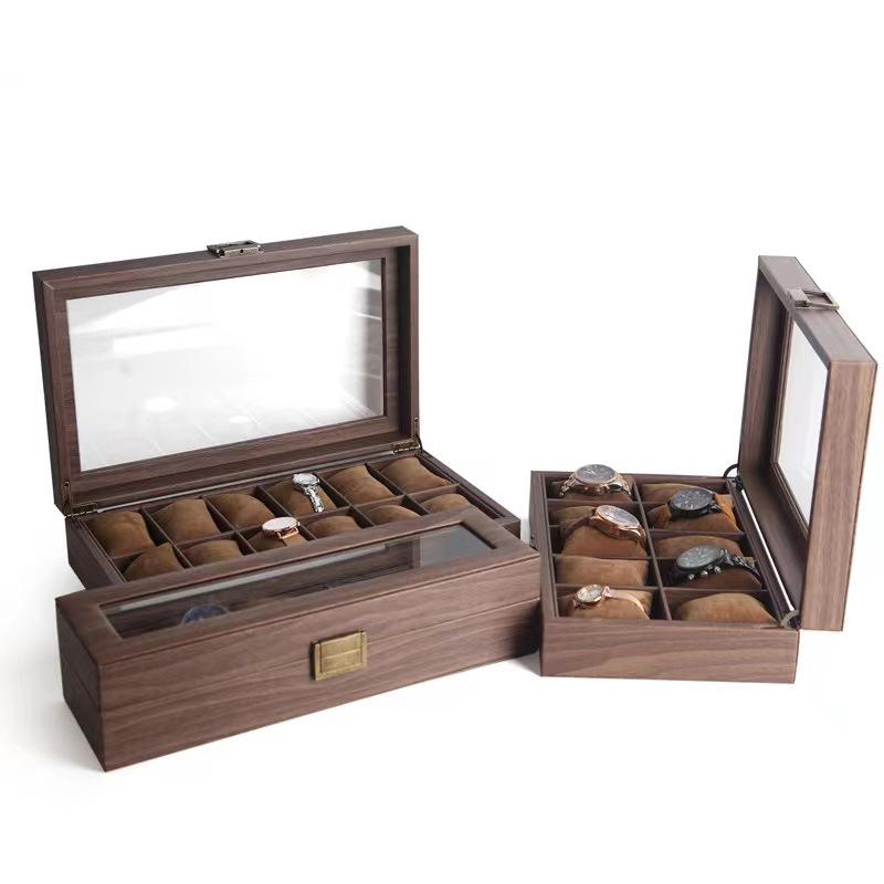 Dustproof Wood Grain Leather Jewelry Watch Box with Glass Display Top